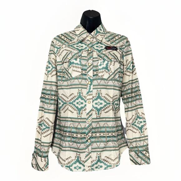 NWOT Rock Roll Denim Medium Cowgirl Aztec Western Shirt Women Blue White Rodeo - Picture 1 of 10